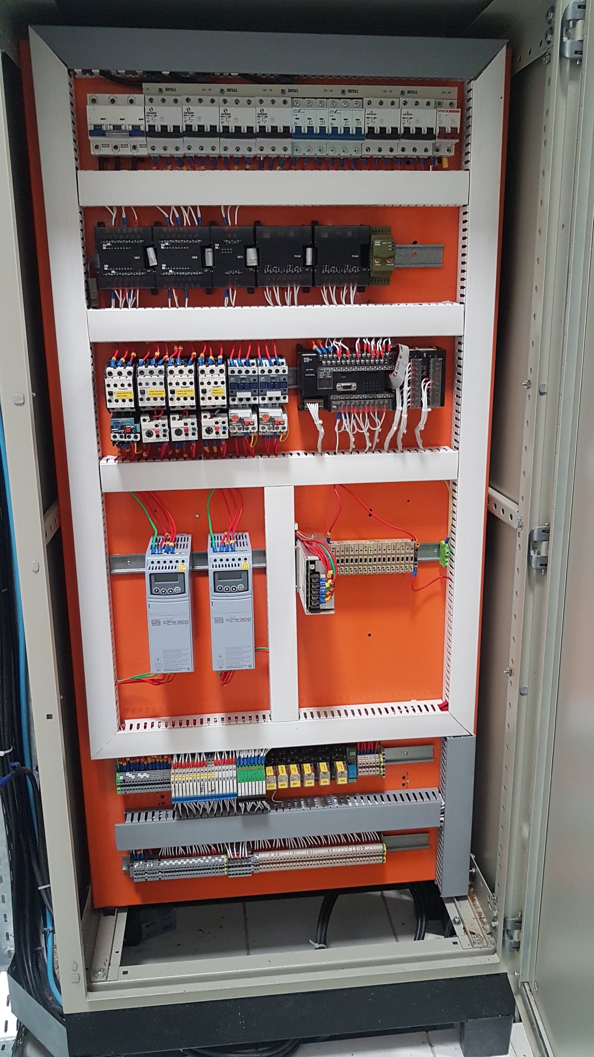 Industrial electrical control panel with circuit breakers, terminal blocks, and wiring mounted on orange backing inside cabinet