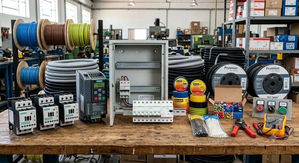 Industrial electrical equipment and supplies displayed on workbench including cable spools, control panels, safety gear, and tools